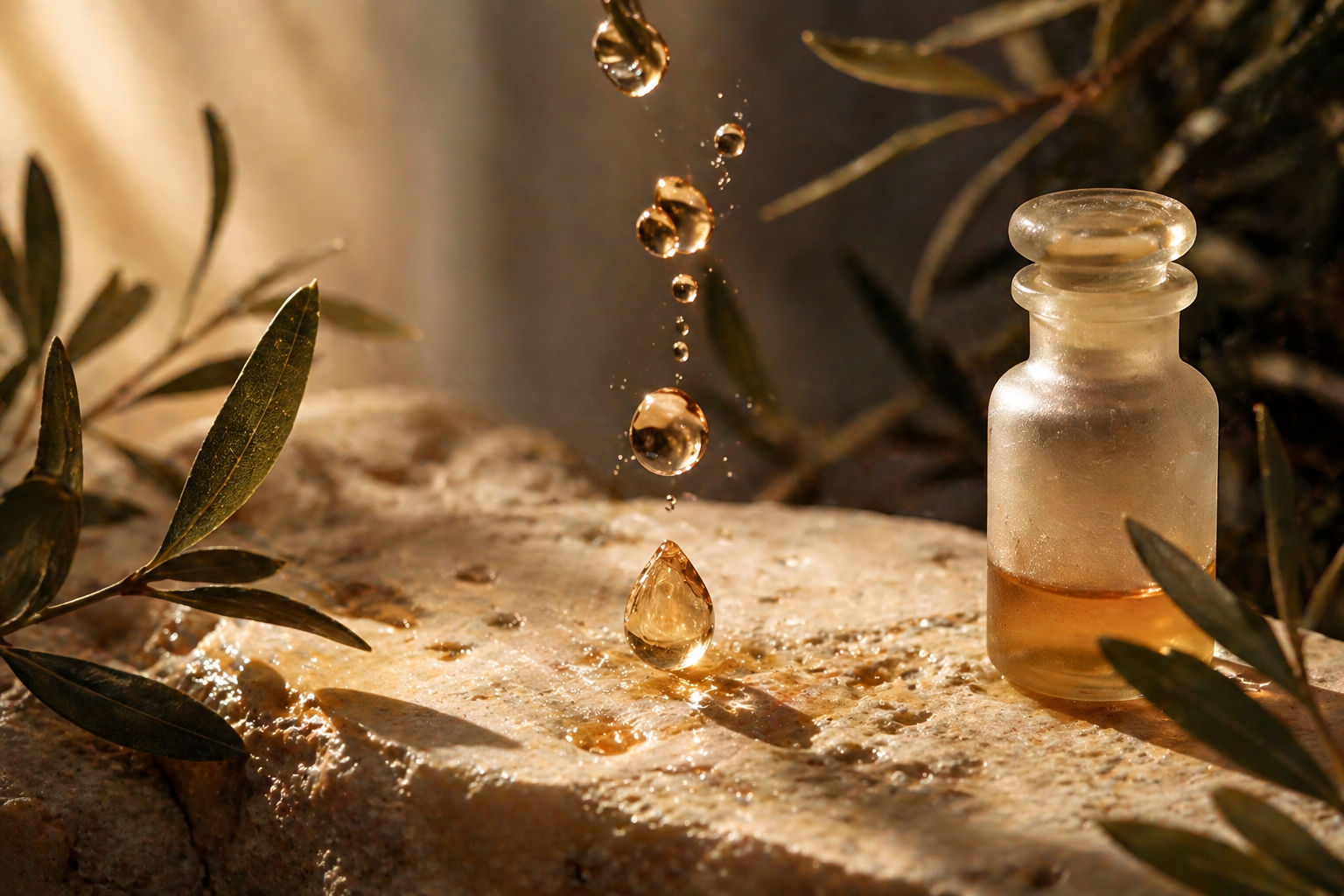 Editorial still-life of amber HMO droplets with olive leaves on cream limestone