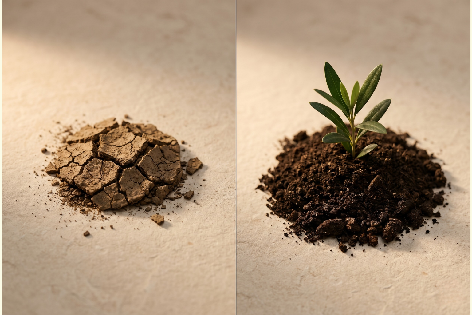 Split-frame editorial of cracked earth versus thriving olive seedling