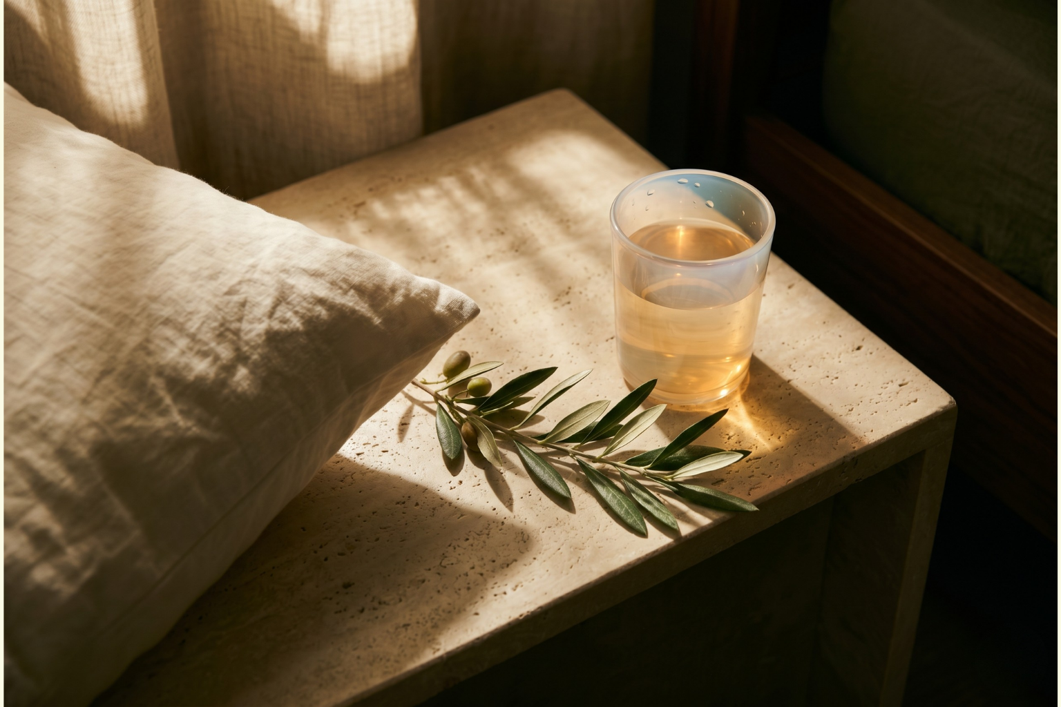 Soft dawn light on bedroom nightstand with olive branch and water glass