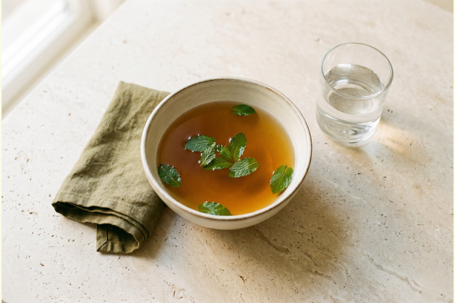 Minimalist breakfast scene with amber broth and mint leaves on cream limestone